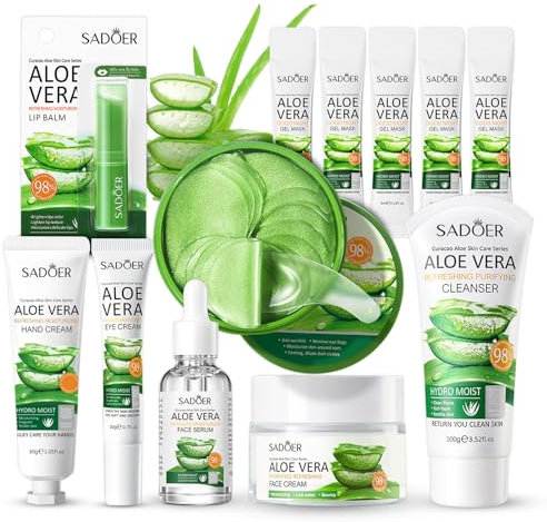Shefave Aloe Vera Gesichtspflege Set, Geschenkset Frauen, Skincare Set mit Augenpads, Gesichtsreinigung, Serum, Creme, Lippenbalsam, Handcreme, Schlafmaske, Beauty-Geschenksets, Gegen Augenringe