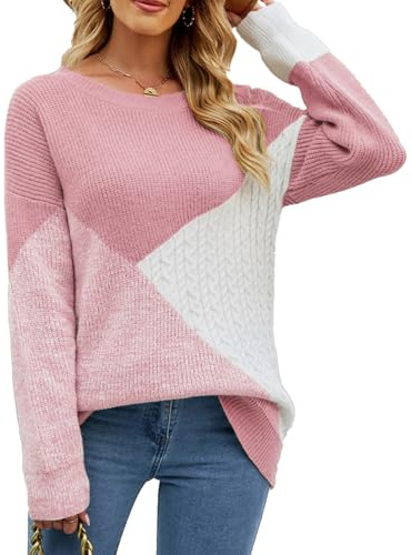 NLAND Jersey Punto Mujer Pullover Suéter Manga Larga Cálido Suéter Punto Invierno Top Invierno Cuello Redondo Casual Colores Patchwork Pullover Sweatshirt(Rosa,L)