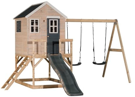 Wendi Toys M28 Stelzenhaus mit Rutsche und Doppelschaukel, Spielhaus aus FSC-Holz für Kinder Garten Outdoor, Podest 90 cm, 330 × 405 × 242 cm, mit 175 cm Rutsche, Sandkasten, wetterfest