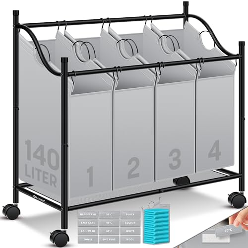 KESSER® Cesto para la ropa sucia con 4 bolsillos extraíbles, 4 compartimentos x 35 litros, 12 instrucciones de lavado, ruedas 360° con freno, sistema de clasificación, gris