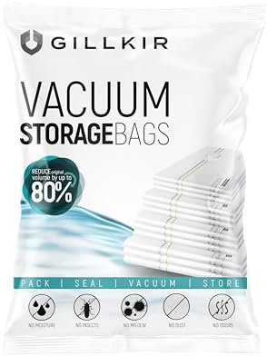 GILLKIR Vacuum Storage Bags - Assorted 6-Pack Including 3 Large & 3 Medium Compression Vacuum Bags for Clothes, Bedding - Durable, Reusable & Space-Saving Clear Zip Bags for Travel, Moving & Packing