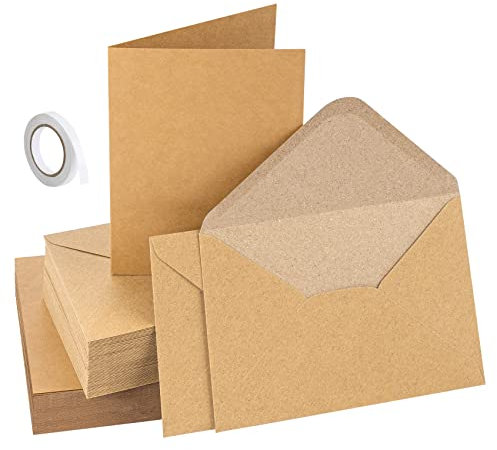 Mocraft 60 Kraftpapier Umschläge 150 g/m² Briefumschläge mit karten, Briefhülle Nassklebung mit Klappkarten für Geburtstagskarten Einladung Grußkarten Dankeskarten(10,7 * 15,2cm)