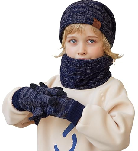 Runmeihe Kids Hat Scarf Gloves, 3 in 1 Winter Warm Knitted Set, Cold Weather Set with Knit Beanie Cap Touch Screen Gloves Circle Neck Scarf (Cyan)