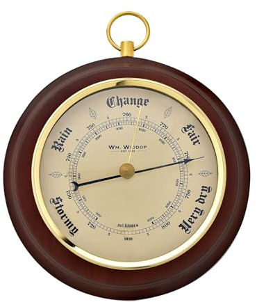 William Widdop Wooden Barometer with Gold Metal Bezel, Traditional Weather Dial, Dark Wood Finish