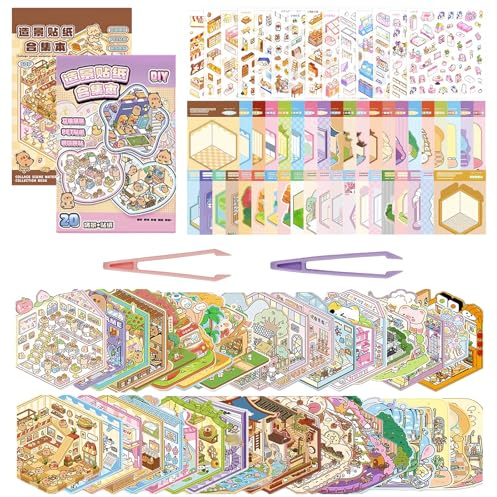 Dreaku 40 Sets 3D Sticker Scene Book – Creative Miniature Scene Sticker Book for Adults and Kids, DIY Reusable Set with 40 Scenes, 56 PET Stickers & 2 Tweezers