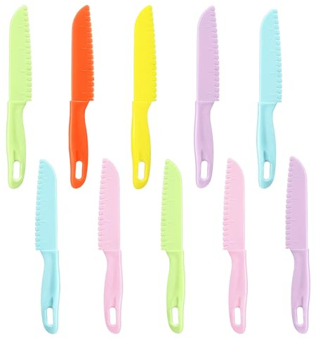 Solbrezeni 10Pcs Plastic Knives Kids Knife Set for Chopping, Reusable Corlorful Kids Cooking Set, Children's Safe Cooking Toddler Knife for Vegetable, Baking, Fruit, Bread, Cake, Lettuce, Salad