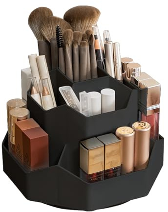TNDCKP 360° Rotating Black Makeup Brush Holder Organizer with 9 Slots, Makeup Organizers Countertop, Makeup organization and Skincare Storage for Vanity, Desktop, Bathroom (BLACK)