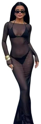 Abiti sexy trasparenti in rete trasparente con spalle scoperte per le donne Bodycon Sheer Club Cover Up Maxi Body a maniche lunghe, nero, M
