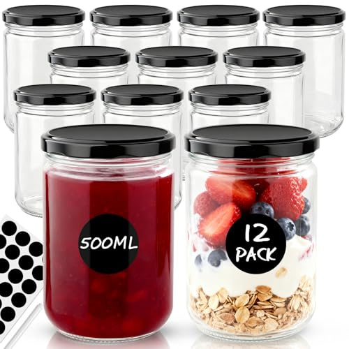 Otauoaea Lot de 12 Pots à Confiture de 500ml avec Couvercl，Petits Bocaux en Verre Hermétique Bocal en Verre Avec Overnight Oats Jar Pot en Verre pour Yaourt, Céréales, Porridge, Confiture