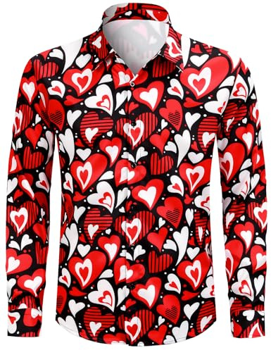 COSAVOROCK Valentines Shirt Men Love Heart Botton Long Sleeves Shirts, Heart, L
