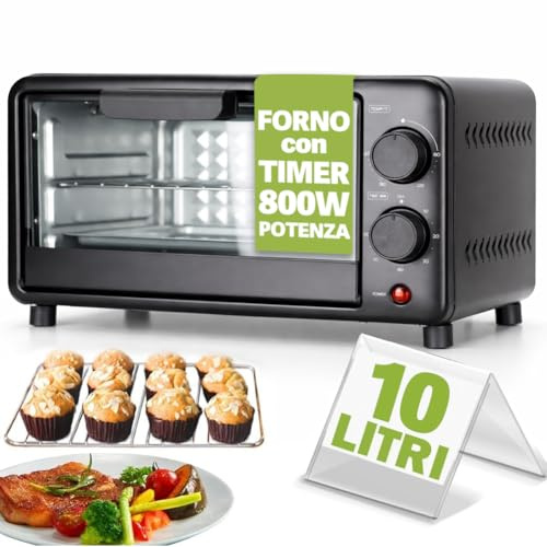 Bakaji Forno Fornetto Elettrico Ventilato Capacità 10 litri Potenza 800W Temperatura Regolabile fino a 230°, Multi Funzione Elenti Riscaldanti in Acciaio Luce Interna Funzione Timer (10 Litri)