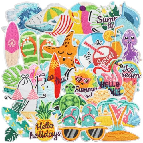 Lot de 30 écussons brodés thermocollants - Motif plage d'été - Décoration tropicale pour t-shirts, vêtements, sacs à dos, vestes, sacs, chapeaux