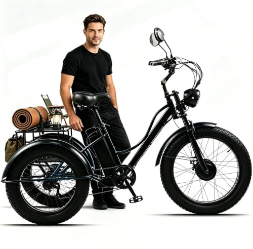 BoluDukNN Triciclo Eléctrico para Adultos, Bicicleta Eléctrica De 3 Ruedas con Neumáticos Anchos De 24″, 7 Velocidades, Batería De 48v 15ah, Capacidad De Carga 150 Kg, E‑Bike Todoterreno Black