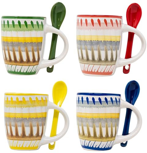 NAMAI - Set di 4 Tazzine Caffè Con Cucchiaino, 90 ML, Porcellana Resistente, Adatte in Lavastoviglie e Microonde Colori Vivaci, Idea Regalo (Set 4 Tazzine con Cucchiaino)