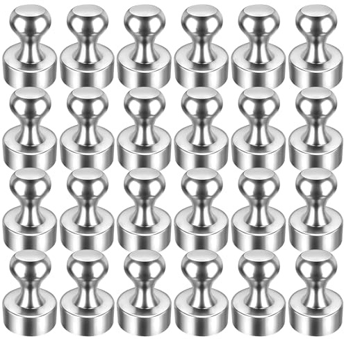 FINDMAG 24 Pack Strong Fridge Magnets, 12 x 16 mm Magnetic Push Pins Silver | Whiteboard Magnets for Photos, Planners, Recipes and Notes, Easy Grip Neodymium Design for School, Office and Lockers