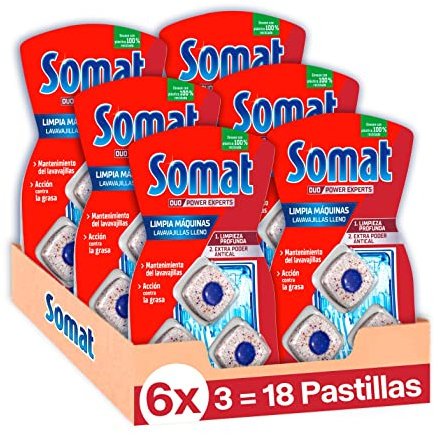 Somat Aditivo Lavavajillas Pastillas Limpia Máquinas (pack de 6, total: 18 dosis), limpia lavavajillas para cal y grasa, limpiador para lavavajillas durante el lavado