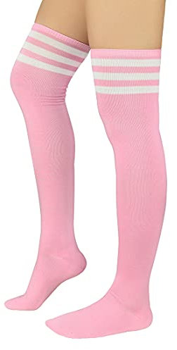 Durio Overknees Kniestrümpfe Damen Winter Hohe Socken Damen Thermo Lange Strümpfe Damen Warme Lange Socken Einheitsgröße Rosa mit Weiße Streifen