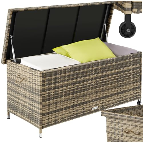 tectake® Poly Rattan Auflagenbox wetterfest, abschließbare Box mit Deckel, outdoor Aufbewahrungskiste mit Innentasche, Kissenbox 270L, rollbar, für Garten, Terrasse, Balkonmöbel - natur