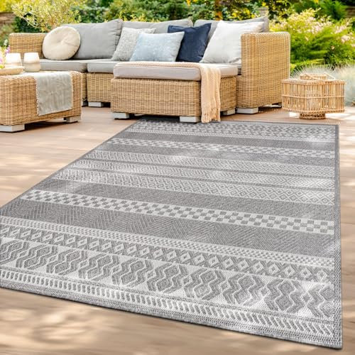 TT Home In-& Outdoor Teppich Wetterfest Balkon Küche Wohnzimmer Boho Rauten Design, Farbe: Grau Weiß, Größe:60x100 cm