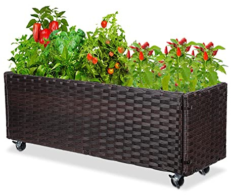 Raised Garden Bed - Garden Planters Box with Wheels, Rattan Patio Raised Beds for Gardening, Indoor Outdoor Planters 3.1FT Save Space…