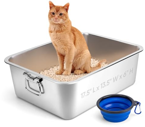 Rostfritt stål kattlåda med handtag för katt och kanin, luktkontroll sandpanna, vikbar matningsplatta, non-stick slät yta (44,5 cm L x 34,3 cm B x 15,2 cm H)