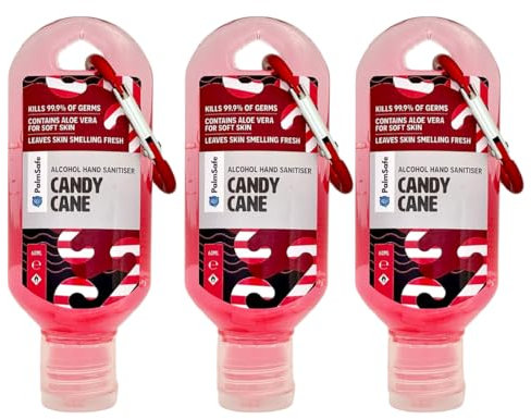 Palm Safe Candy Cane 3 Pack 60ml Anti Bacterial Premium Hand Sanitiser Travel Size Refillable Clip Bottle Quick Drying Non Sticky Extra Moisturising Kills 99.9% of Viruses and Bacteria