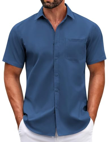 COOFANDY Men Summer Short Sleeve Button Down Stretch Dress Shirt Casual Stylish Slim Fit Muscle Fit Dress Shirt Blue
