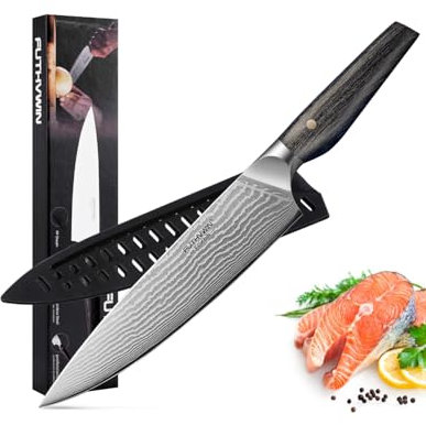 FUTHVWIN Coltello da Cucina in Acciaio Damasco con Fodero Protettivo, Lama da 20 cm, Ultra Affilato, Coltello Professionale in Acciaio Damasco a 67 Strati con Manico Ergonomico in Legno di Pakka