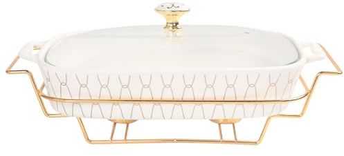 jinsongdafa 13 x 9 Ceramic Casserole Dish with Glass Lid and Rack, 68 ounce Serving Soup Tureen,Chafing Dish for Buffet, Family Food preserve Tray, Catering Casserole for Party Style, White