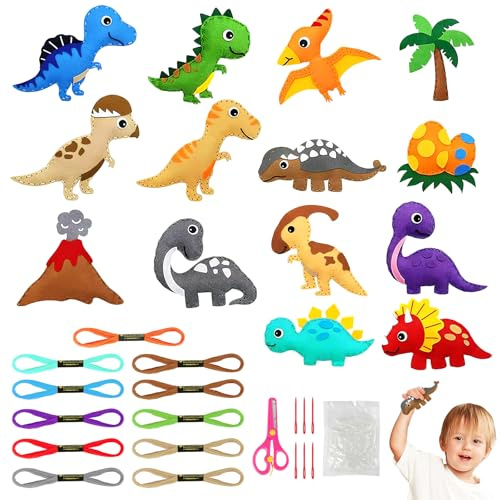 Vicloon First Sewing Kit for Kids, 14-Piece Dinosaure Sewing Craft Kits, DIY Crafting Animal Felt Plushie for Kids Age 5-12 Learn to Sew Arts and Crafts