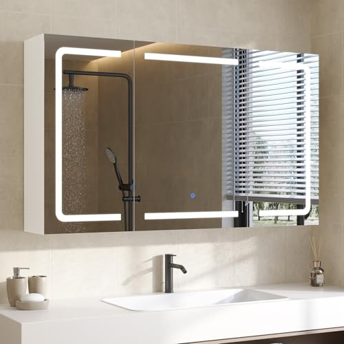 DICTAC Armoire de Toilette Miroir avec éclairage LED et Prise Armoire Murale de Bain avec 3 Portes Miroir et Étagère Réglable,Meuble Salle de Bain avec Rangement Peu encombrante,100 x 60 x 16cm,Blanc