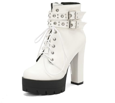 JMdfcqer Mode Bottines à Talons Hauts pour Femme Fermeture Éclair Plateforme Bottes avec Clous et Boucle à Bretelles,Blanc,34 EU
