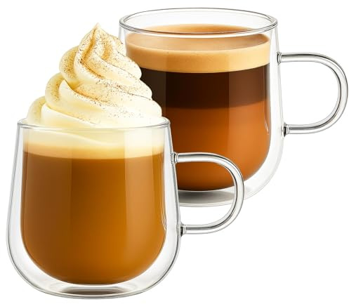 Innoteck Double Walled Glass Coffee Cups Set of 2 (275ml) – Heat Resistant Borosilicate Latte Mugs with Handle, Insulated Clear Glass for Americano, Cappuccino, Tea & Hot/Cold Drinks, Handmade
