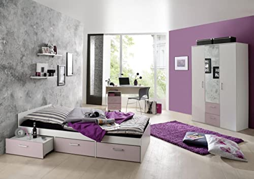 storado.de Jugendzimmer Berlin weiß matt Flieder 5-TLG. EAN 4260498522767 | Mit Kojenbett, Schrank, Wandregal-Set, Schreibtisch und Rollcontainer