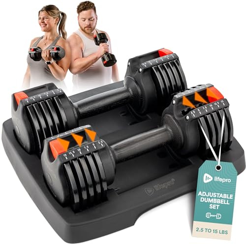 Lifepro Adjustable Dumbbells - 15Lb 25Lb 43Lb 55Lb 90Lb 6in1 Adjustable Weight, Compact Quick Dumbbells set/single for Full Body Exercise & Fitness Home Gym