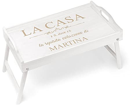 Maverton Vassoio da Colazione a Letto Personalizzato - Tavolino Pieghevole Bianco in Legno - Incisione Laser - Tavolo Multiuso 50 x 30 cm - regalo donna - Casa