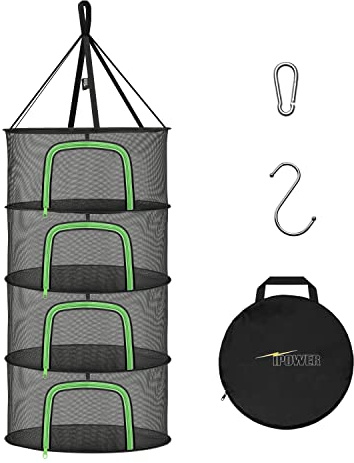 iPower Estante de Secado de Hierbas de 4 Capas de 2 pies para Colgar en Red de Malla Plegable con Cremalleras en Forma de U, bache, mosquetón y Bolsa de Almacenamiento, para Flores hidropónicas,