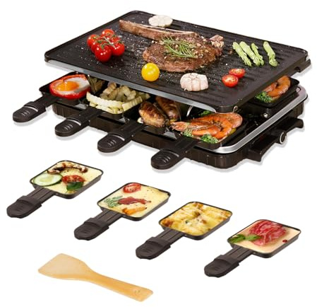 VNIMTI Raclette Table Grill, Electric Indoor Korean Barbecue Grill, Portable BBQ Tabletop Griddle, 2 in 1 Reversible Non-stick Plate, 1300W Fast Heating Crepe Maker with 8 Square Raclette Cheese Pans