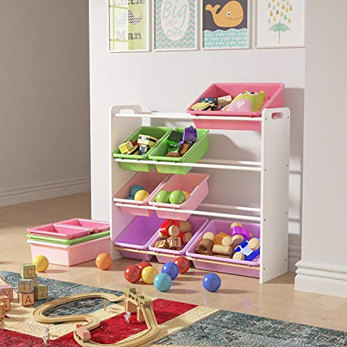 Children Kids 4 Tier Book Story Bedroom Toy Storage Shelf Unit Playroom Organizer Rack Unit & 12 Plastic Removable Bin Large Cabinet Rack Boxes