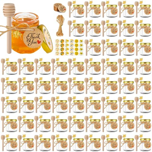 GIVAMEIHF Mini barattoli di vetro per miele, 42,5 g, 60 barattoli esagonali per miele con cucchiaio in legno, adesivi, piccole etichette, corda, piccoli barattoli per miele con coperchio, perfetti per