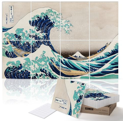PINWELIFE® Panneaux acoustiques insonorisants pour la maison/le bureau, décoration absorbante, réduction du bruit et de l'écho (120x80x0.9cm) (La Grande Vague au large de Kanagawa par Hokusai)