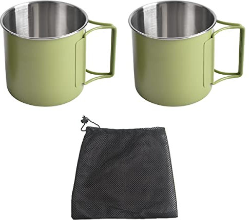 NUZAMAS Set von 2 Faltbecher 330 ml 304 Edelstahl Kaffee Tee Wasserbecher Tragbarer Outdoor Camping Becher für Outdoor Wandern Kochen Camping Topf Offenes Feuer(Grün)