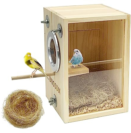 BNOSDM Parakeet Nesting Box Transparent Bird Breeding Nest Boxes Natural Wood Bird Cage (S)