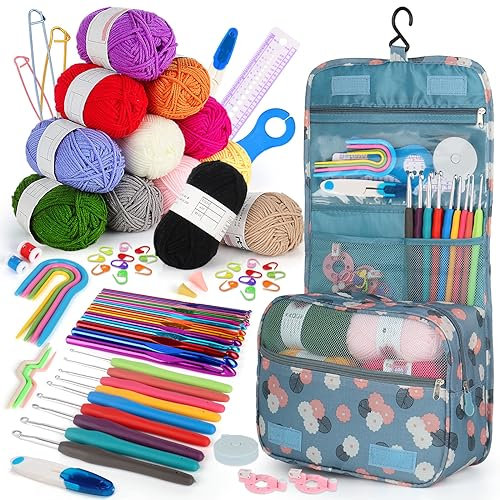 Aeeque 82 PCS Häkelset für Anfänger, Ergonomische Häkelnadel mit 12 Acryl Wolle, Häkeln Set mit TPR Gummigriff, Metal Häkelnadel mit Zubehör Tasche, Bunt Häkelnadeln zum Häkeln Mützen, Pullover, Schal
