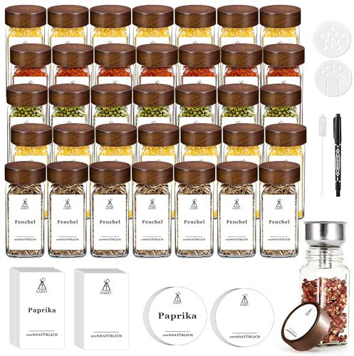 SIAZIH Lot de 24 pots à épices carrés en bois d'acacia - 320 étiquettes à épices intégrées - 120 ml - En verre borosilicate de qualité supérieure…