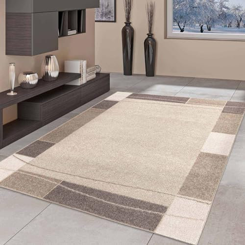 Taracarpet Moderner Kurzflor Designer-Teppich für Wohnzimmer Schlafzimmer und Kinderzimmer Bordüre Braun 120x160 cm