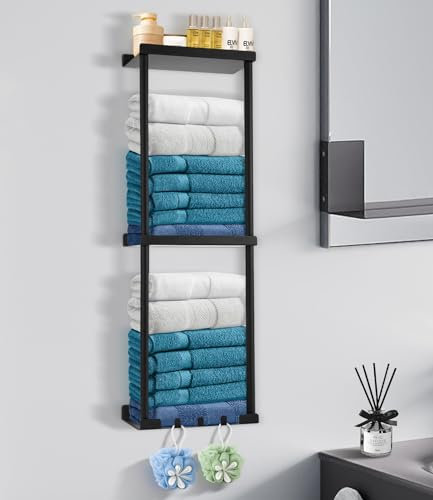 FAOKZE Handtuchhalter ohne Bohren,Handtuchregal Selbstklebend mit Ablage,mit Metall und 3 Haken Badezimmer,Badetuchhalter Zum Kleben,Handtuchhalter Wand,für Badezimmer Wand