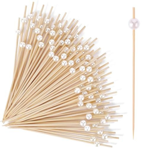 100 palillos de cóctel, palillos de para aperitivos, pinchos, palillos de cóctel de bambú para decoración de fiestas, palillos de comida de perlas blancas para charcutería sándwich frutas