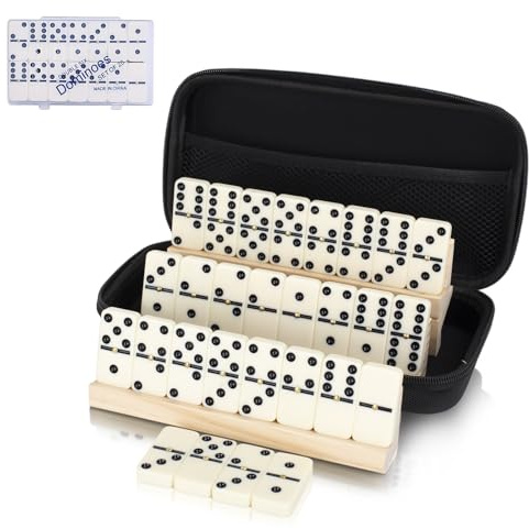 LOVITERRA Double 6 Dominos Set for Adults, Durable 28 Tiles Dominos with 4 Wooden Racks and Carrying Case,Classic Board Games,Portable Travel Game