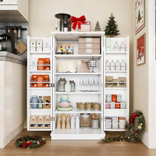 Shintenchi Kitchen Pantry Cabinet,5 - Layer Storage Cupboard with Adjustable Shelves for Organizing and Storing Food Items,47'' Versatile Buffet Sideboard for Kitchen, Bathroom and Laundry,White